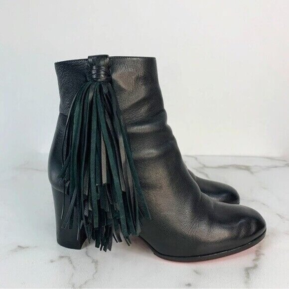 Christian Louboutin Jimmynetta Black Calfskin Leather Fringe Ankle Chelsea Boot - Picture 10 of 16